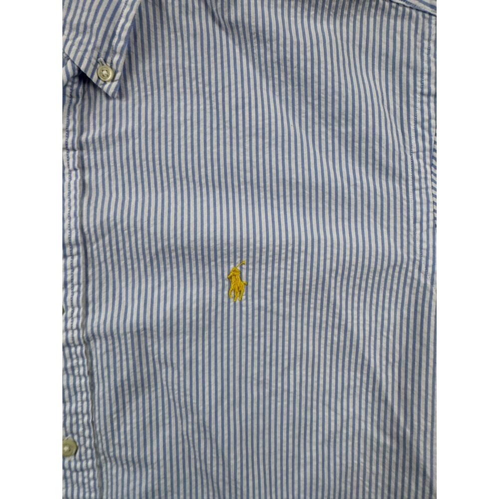 Ralph Lauren Mens Large Classic Fit Seersucker Short Sleeve Striped Shirt Blue - Picture 3 of 9